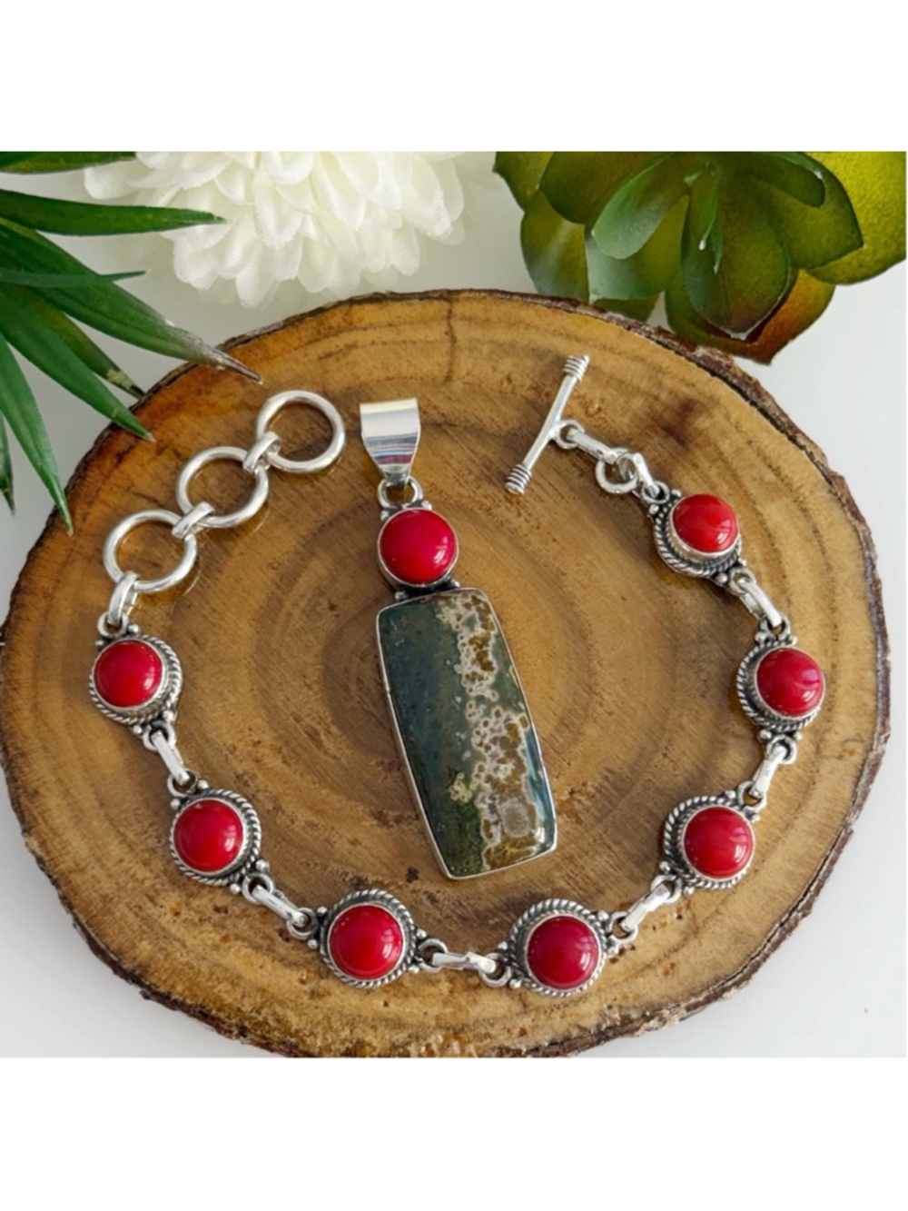 Southwest Jewelry Set Ocean Jasper & Red Coral Pendant Coral Bracelet New 925